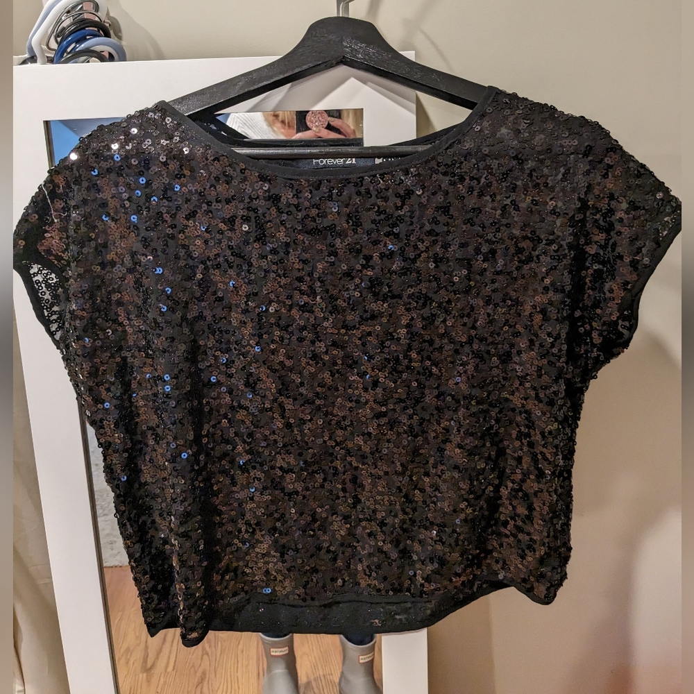 Forever 21 Black sequin Scoop Neck Boxy Top